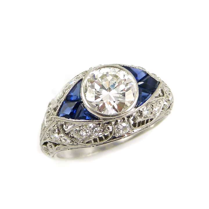 Early 20th century diamond and sapphire boat shaped cluster ring